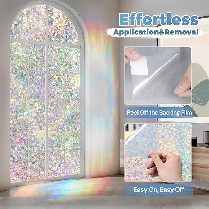 DOWELL Window Privacy Film Rainbow Film, Stained Glass Decorative Sticker, Static Cling Non-Adhesive Glass Clings, Sun Blocking Heat Control Window Coverings for Home Door, 35.4" x 78.7"