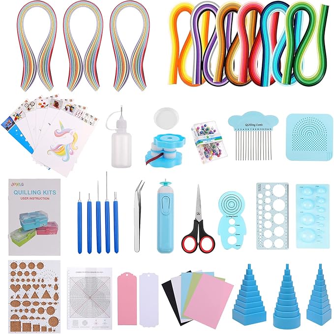 JoyPlus Quilling Kits for Beginners with Manual, 24 Tools & Supplies with Durable Storage Box, Updated Paper Crimper Tool, Premium Husking Board & Electronic Pen Blue