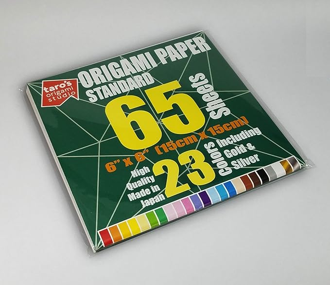 [Taro's Origami Studio] Standard 6 Inch One Sided 23 Colors 65 Sheets Square Easy Fold Premium Japanese Paper for Beginner (Gold and Silver Included)