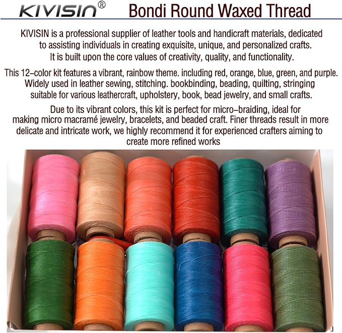 12 Colored Waxed Polyester Thread, 0.45mm Thinner Diameter, 115 Yards/Spool, Wax Coated String Cord for Leather Sewing, Upholstery, Stitching, Binding, Beading, Stringing, and Crafting