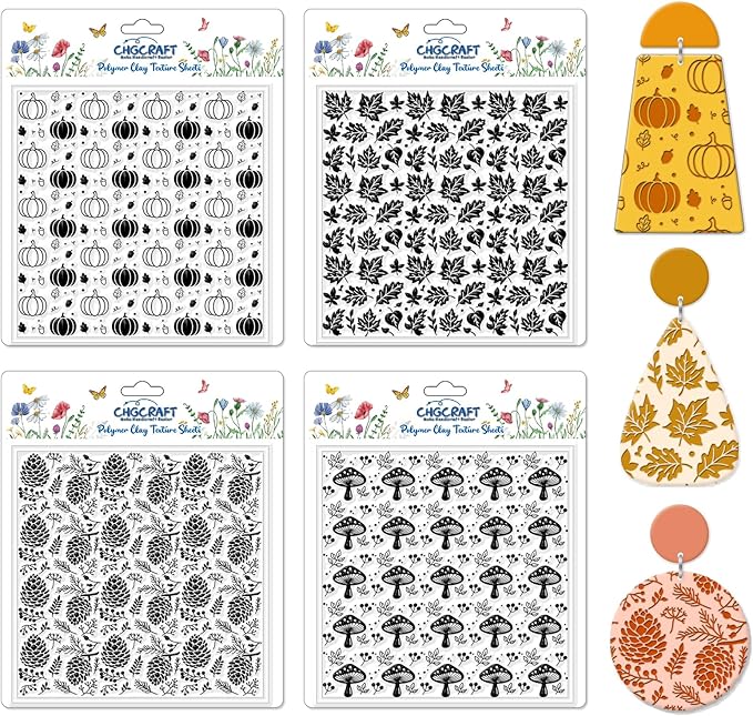 CHGCRAFT 4Pcs Pumpkin Maple Leaf Polymer Clay Texture Sheet Pinecone and Mushroom Autumn Silicone Clay Texture Mat for Polymer Clay Making Earrings Jewelry DIY Crafts 5.5 × 5.5 Inch
