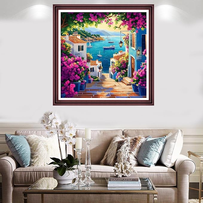 Redxing Stamped Cross Stitch Kits Full Range of Embroidery Starter Kits- Needlepoint Counted Cross Stitch Kits for Beginner Adults 11CT Printed Embroidery Kit-Seaside Floral Scenery 18x18 inch