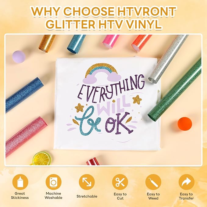 HTVRONT Glitter HTV Heat Transfer Vinyl - 13 Sheets 12" x 10"Glitter Iron On Vinyl for T-Shirts, Sparkle HTV Compatible with Cricut & Silhouette,Easy to Cut & Weed