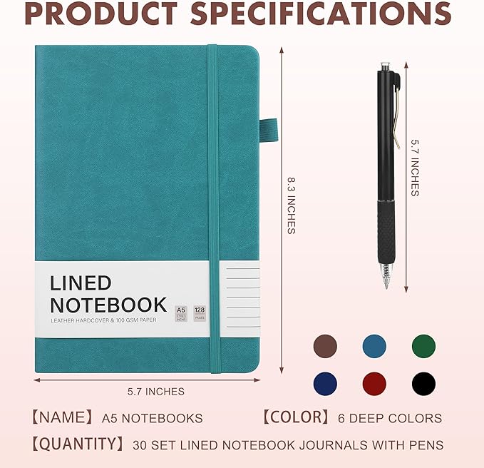 Aodaer 30 Set Lined Notebook Journals with Pens A5 Notebooks 100 GSM College Ruled Hardcover Notebook PU Leather Notepad with Pen Holder for Office School, 5.7 x 8.3 Inches, Deep Multicolor