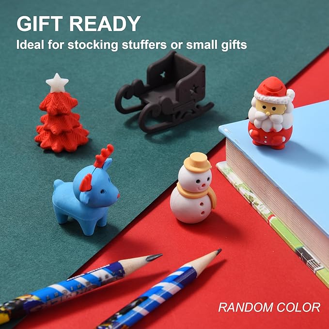 HILAZA 24Pcs Christmas Erasers for Kids Bulk, 3D Cute Santa Elk Erasers for Goodie Bags Stuffers Stocking Stuffers Holiday Gifts Classroom Rewards Party Favors