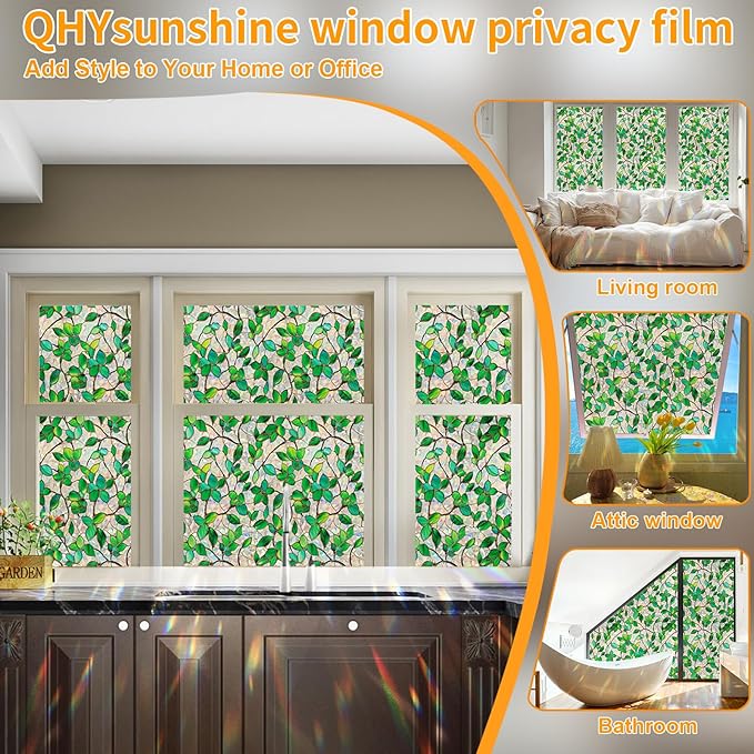 Stained Glass Window Privacy Film Decorative Rainbow Static Clings – Ideal for Home & Office, Adhesive-Free, Removable, UV-Blocking (Green Rainbow, 35.4 X 157.4 in)