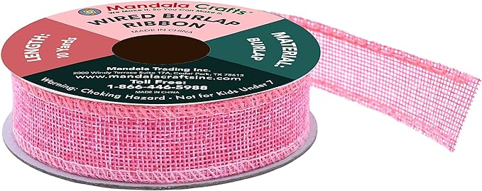 Mandala Crafts Pink Burlap Wired Ribbon 1 Inches Wide Jute Ribbons for Crafts - 10 Yds Roll Rustic Burlap Wrap Trim Ribbons for Wreaths Bows Party Decoration