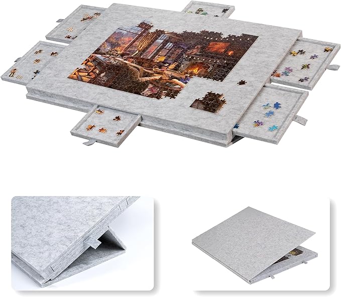 Lavievert Tilting Puzzle Board with 2-in-1 Designed Stand & Cover, Super Lightweight Felt Puzzle Plateau with 6 Drawers for Adults, Portable Jigsaw Puzzle Table for Up to 1000 Pieces – Light Gray