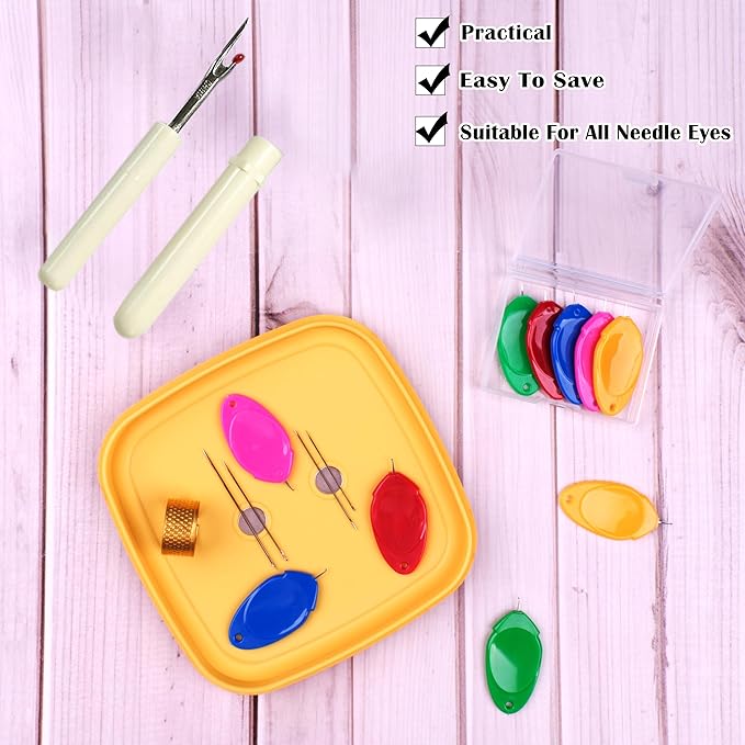 meeggrace Needle Threader, Small Needle Eye Threader Tool, Easy Threader for Machine and Hand Sewing, Fast and Precise Threading, Ideal for Needlework, with Transparent Box, 5 Colors in A Box(6PCS)