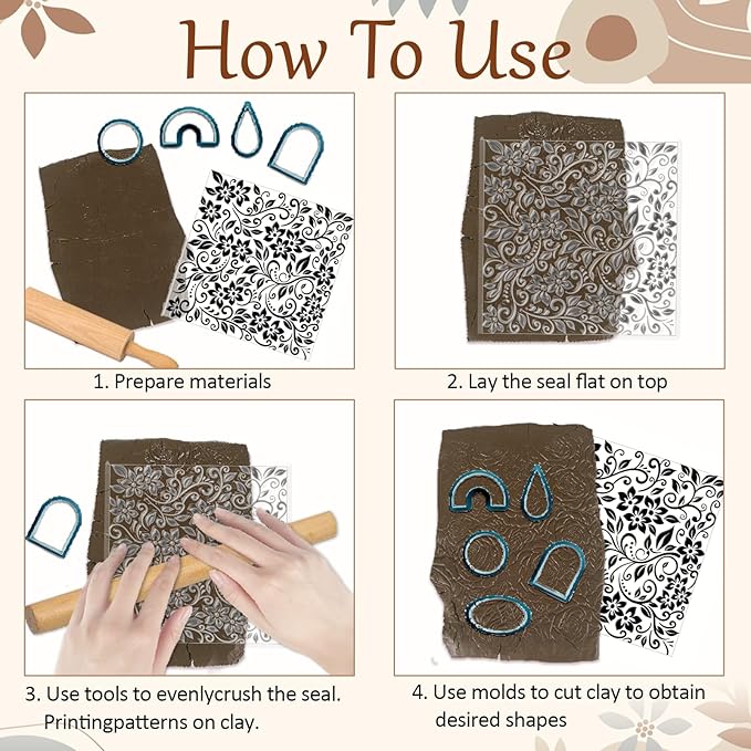 CHGCRAFT Vine Flower Polymer Clay Texture Sheets Single Seamless Plants Floral Pattern Silicone Texture Stamp Clay Texture Mat Modeling Pattern Pad Sheets for Jewelry and Earrings Tools, 5.5x5.5 inch