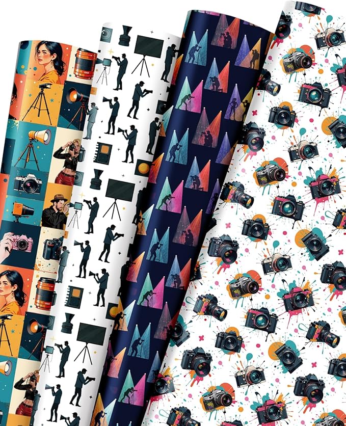 Pineraap 12 Sheets Photographer Wrapping Paper, Photography Gift Wrap Paper with Equipment, Camera, Photos & Scenes, Folded Flat Art Paper for Birthday DIY Crafts, 19.7 x 27.6 Inch (B)