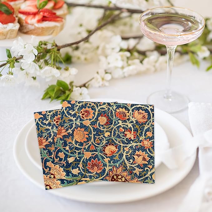 Quera 50 Pack William Morris Cocktail Napkins Vintage Floral Blue Paper Napkins Disposable Dessert Dinner Baby Shower Party Supplies Napkins Decorative -5 X 5 Inches