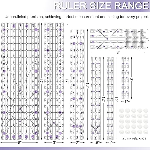 Quilting Ruler, Sewing Ruler, 8 Pack, Acrylic Quilting Templates(6"x17", 3"x17", 2"x16", 1.5"x12", 1"x12", 1"x6", 8"x3"), Non Slip Rings 25 Pieces, Sewing and Quilting Supplies - Clear/Purple