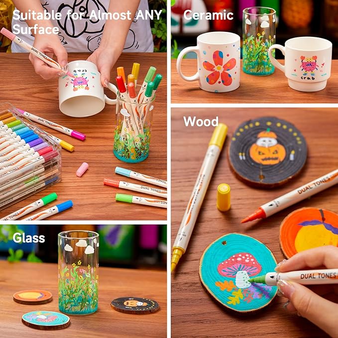 Shuttle Art 60 Pack Dual Tone Acrylic Paint Markers, 120 Colors Acrylic Paint Pens for Rock Painting, Ceramic, Wood, Canvas, Glass, Stone, Fabric, Card Making, DIY & Art Supplies