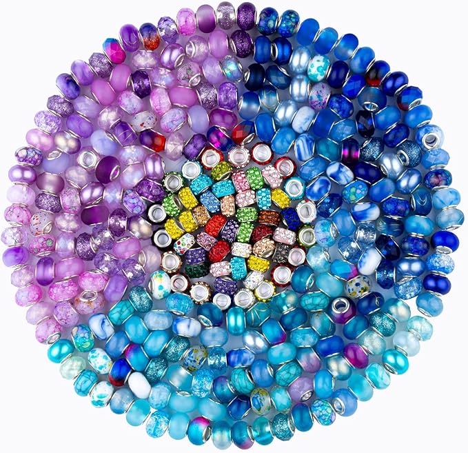 LAIDANLA 150pcs 15mm European Large Hole Beads Bulk for Bracelet Pens Jewelry Making Spacer Charms Craft Beads Decoration (Purple, Lake Blue, Blue)