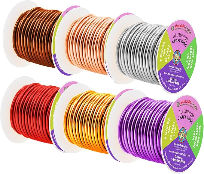 Mandala Crafts 8 Gauge Anodized Aluminum Craft Wire for Jewelry Making - 120 FT Colored Flexible Silver Copper Purple Gold Brown Red Wire - Bendable for Bonsai Armature Crafting Sculpting