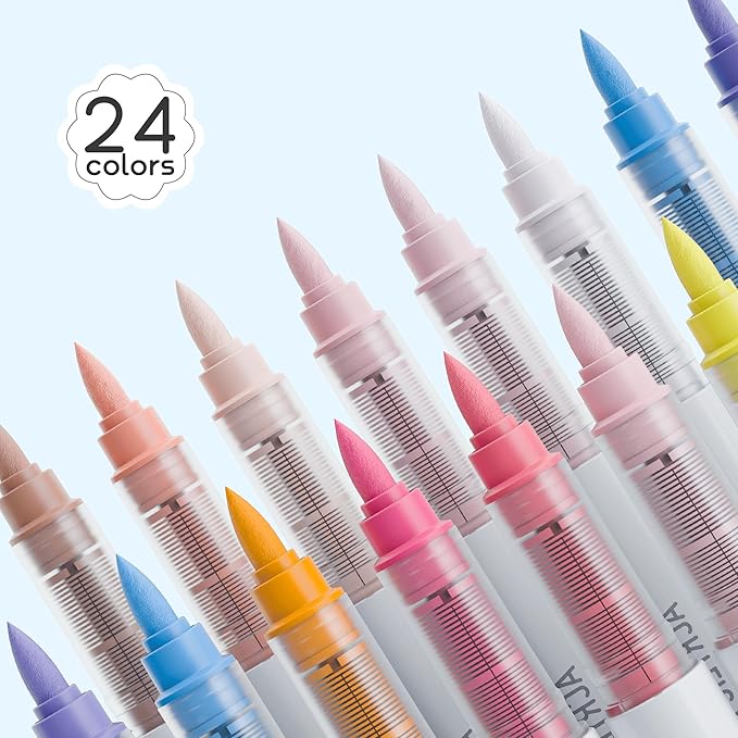 24 Colors Acrylic Paint Markers Pens Set, Soft Brush Tip Markers with Fast Drying & No-Bleed Ink, Acrylic Paint Pens for Rock, Wood, Egg, Ceramic, Fabric Painting, Art Supplies and DIY Crafts