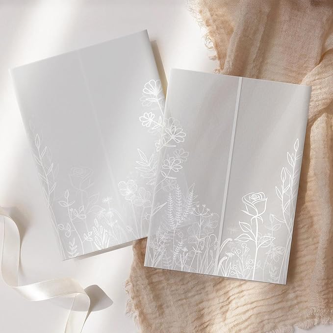 HAUTOCO 100 Pack Vellum Jackets for 5x7 Invitations, Pre-Folded Translucent 135GSM Vellum Paper Wraps, White Flower Envelope Liners Wedding Invitations Accessories