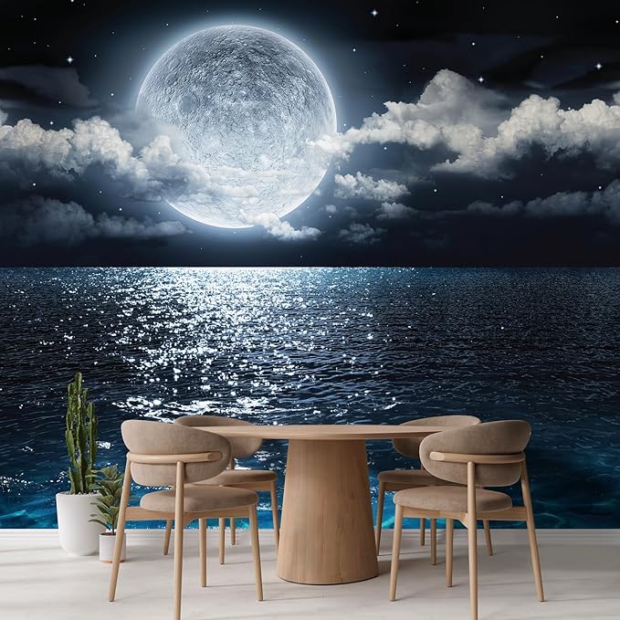 wall26 Wall Sticker/Wall Mural Sea Under Moonlight, Not Peel and Stick, Non-Woven Wallpaper Decorative for Bedroom, Living Room, Office - 120x144 inches