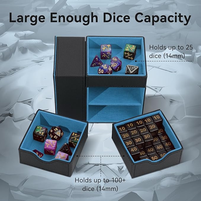 Dice Tray & Dice Tower Storage Box, 3 in 1 Dice Holder Case (Dice Rolling Tray, Dice Rolling Tower, Dice Storage Drawers), Leather Magnetic Closure DND Accessories Gifts for RPG MTG, Black/Blue