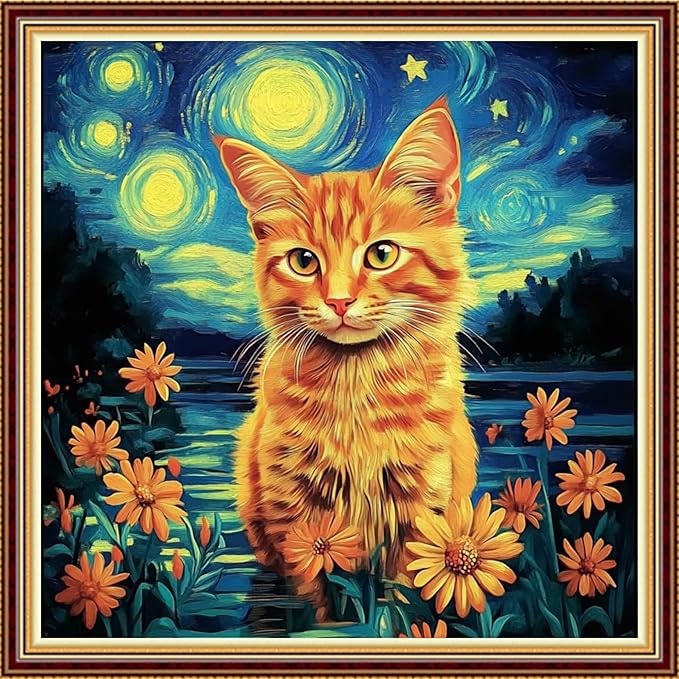 Hopeart Stamped Cross Stitch Kits for Beginner Embroidery Kits for Beginners Adults DIY 11CT Cross Stitch Patterns Needlepoint Kits Crossstitching Kits-Starry Sky Cat 18x18 inch