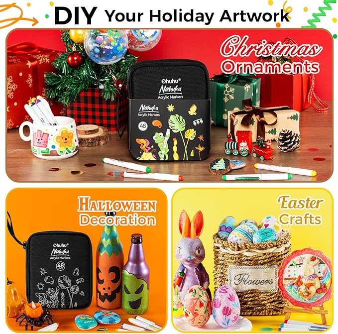 Ohuhu Acrylic Paint Markers Direct Liquid: 48 Pack Flexible Brush Tip Acrylic Markers High Opacity Paint Pens Waterproof Lightfast for Rock Painting Easter Eggs Wood Glass Ceramic Canvas - Nahuku