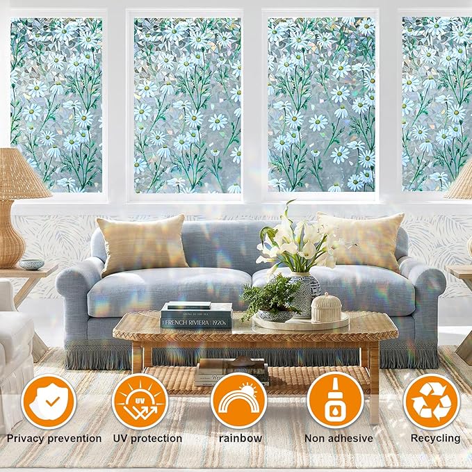 Window Privacy Film Stain Glass Window Film Rainbow Window Film Window clings Non-Adhesive Reusable Decorative for Room (Daisy Rainbow, 23.6 x 78.7 in)