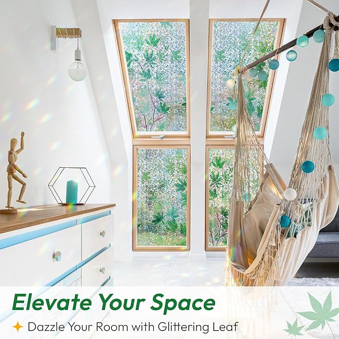 rabbitgoo Rainbow Window Privacy Film Decorative Stained Glass Diamond Pattern Window Sticker with Iridescent Tint Non-Adhesive Static Cling for Home Office Bathroom, Green Leaf 17.5 x78.7 inch