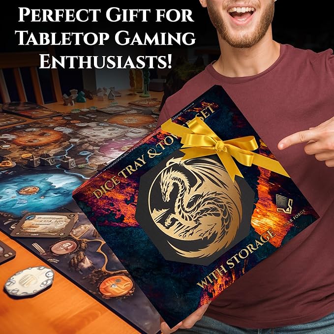 Dice Tray and Dice Tower for DND: All-in-One Tray, Storage & Large Tower for Random Rolls - Stores Your Sets, Mini's etc, Perfect for D&D and RPG Gift Accessories (Gold Dragon)