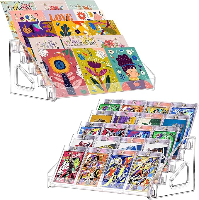 2 Pack 5 Tier Acrylic Card Display Stand, 12" Trading Card Display Rack, Clear Card Stand for PSA Cards, Baseball Cards, Sports Cards, Football Cards, Business Cards and Stickers