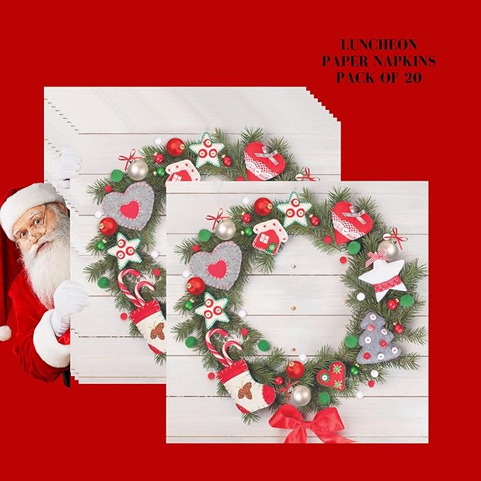 20-ct 13x13 Christmas Paper Decoupage Napkins, 3-Ply Servilletas Tissue Napkin for Dinner and Parties, Disposable Napkins (Wreath X)