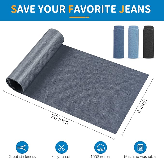 HTVRONT Iron on Patches for Clothing Repair 4 Rolls - Denim Patches for Jeans Kit 4" by 20", 4 Rolls of Iron On Denim Patches for Jeans Inside & Clothing Repair (Blue)