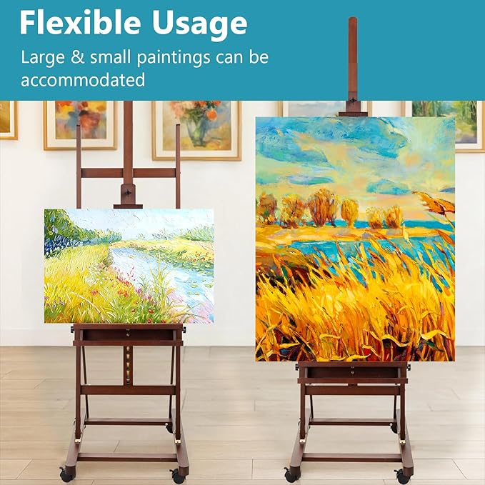 H-Frame Studio Easel, Beechwood Artist Easel with Wheels and Storage Tray, Adjustable Floor Easel Stand Holding Canvas up to 51Inches for Painting, Brown