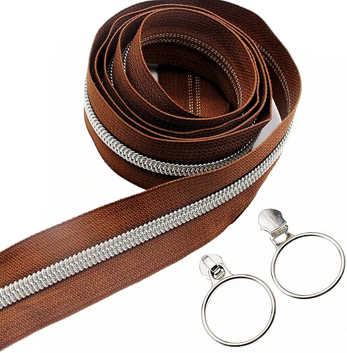 Leekayer #5 Silver Metallic Nylon Coil Zippers by The Yard Bulk 10 Yards Brown Zipper Tape with 25pcs Silver Ring Pull Sliders for DIY Sewing Tailor Craft Bag(Brown)
