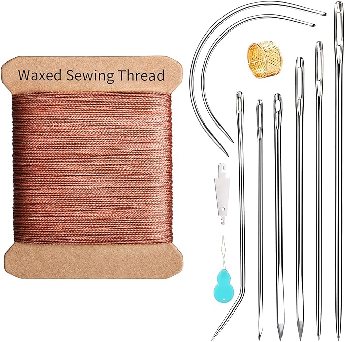 Repair Sewing Kit, Upholstery Needle and Thread Kit with 32 Yard Waxed Thread and 8 Pcs Heavy Duty Leather Needles for Hand Stitching, Canvas & Quilting - 0.55mm Round Waxed Brown