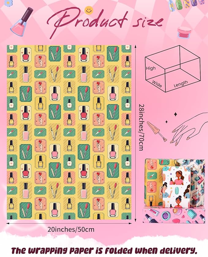 Pineraap 12 Sheets Nail Art Wrapping Paper, Manicure Gift Wrap Paper with Nails Polish Bottles & Salon Scenes, Folded Flat Paper for Nail Art Lovers Birthday DIY Crafts, 19.7 x 27.6 Inch