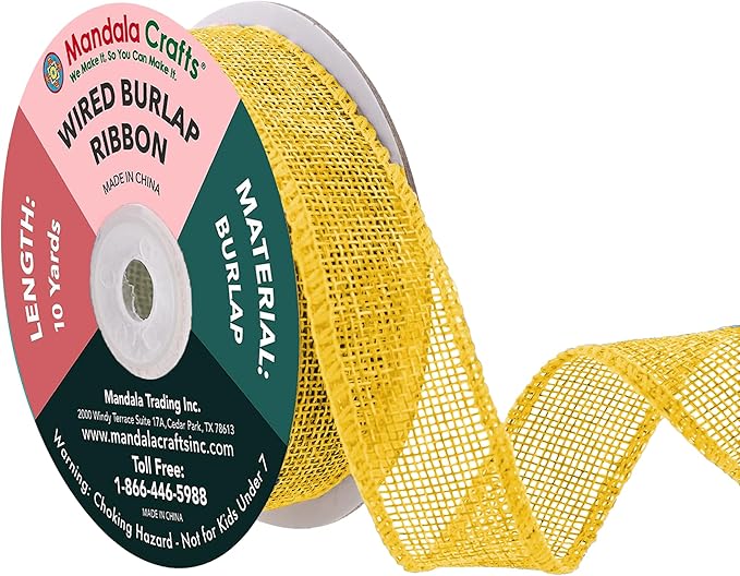 Mandala Crafts Yellow Burlap Wired Ribbon 1 Inches Wide Jute Ribbons for Crafts - 10 Yds Roll Rustic Burlap Wrap Trim Ribbons for Wreaths Bows Party Decoration