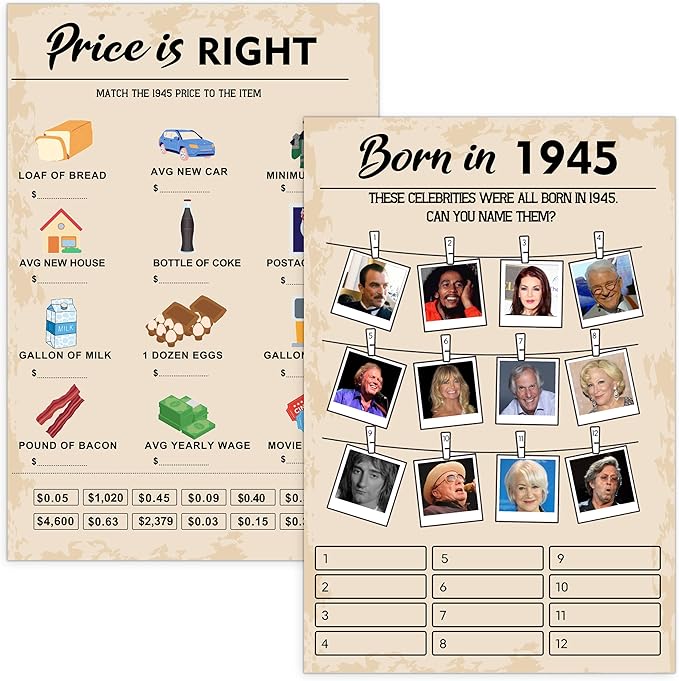 80th Birthday Party Games, Set of 2 Activities for 15 Guests, Born in 1945 Games Bundle, Birthday Party Supplies for Adults, Pack of 30 Cards