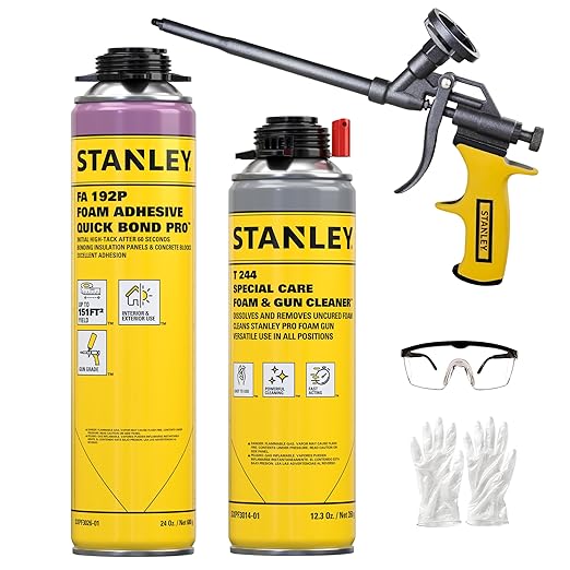 Stanley Quick Bond Adhesive Foam - 1x24oz, Reliable Bond Adhesive for Various Materials, Strong bonding, No Mixing, Gun Use, Including Gun, Cleaner | 1 Pack