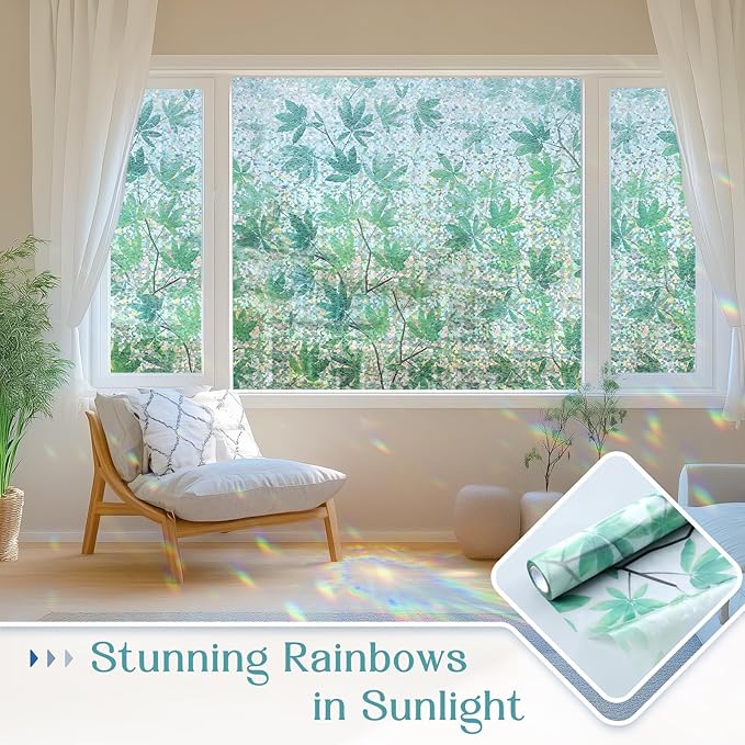 Haton Window Privacy Film, Decorative Stained Glass Window Clings, 3D UV Sun Blocking Sticker, Removable Static Cling Heat Control Tint for Home Door, Leaf Rainbow, 23.6" x 78.7" Non-Adhesive