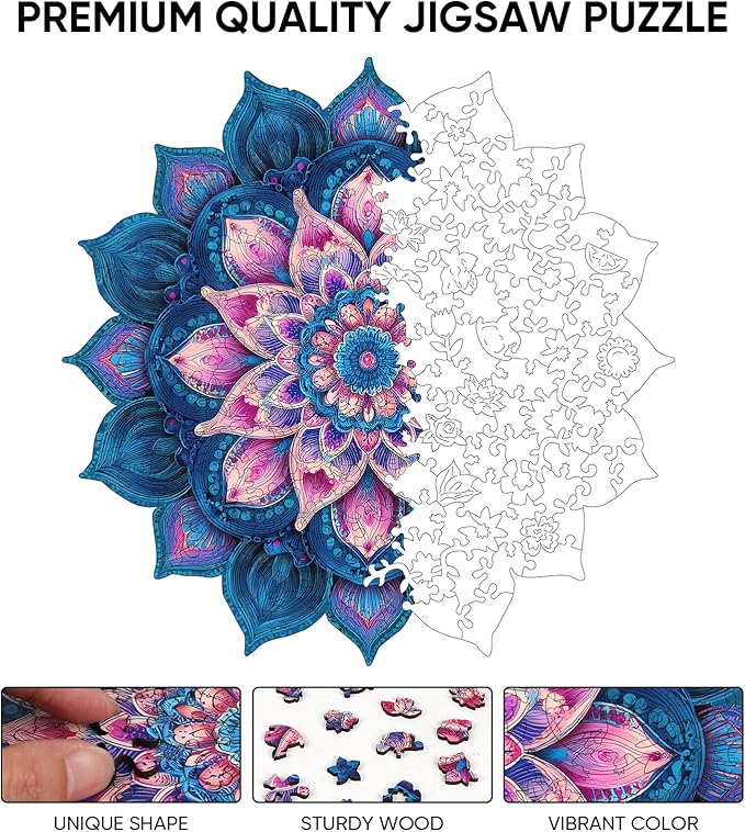 Wooden Puzzles for Adults, Mandela Lotus Adult Puzzles 192 Pieces, Wooden Jigsaw Puzzles Unique Shape, Best Gifts for Adults Family Game, 11.1x11.2 inch