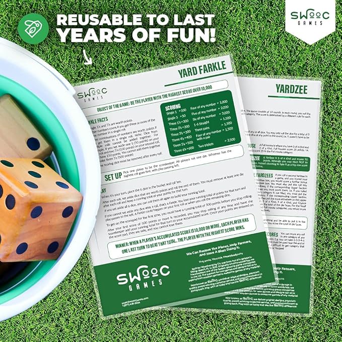 SWOOC Games® - 5 Big Premium Laminated Yardzee & Farkle Score Cards (11.5in x 8in) with Rules - Large Reusable Dry Erase Pads for Giant Outdoor Dice