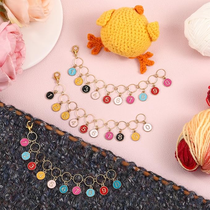 COGCHARGER 3Pcs Flat Round with Number Alloy Enamel Charms Knitting Row Counter Chains for Knitting and Crochet Stitch Markers