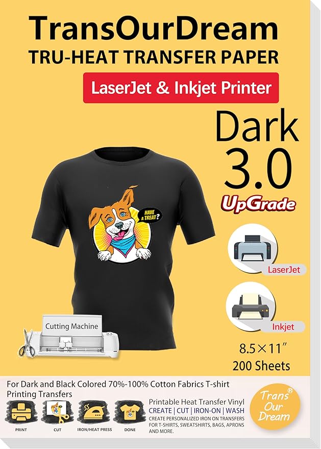 TransOurDream Tru-Heat Transfer Paper for Inkjet & Laserjet Printer (200 Sheets, 8.5x11", Dark 3.0) Printable HTV Heat Transfer Vinyl for T Shirts Iron on Transfers for Dark Fabrics
