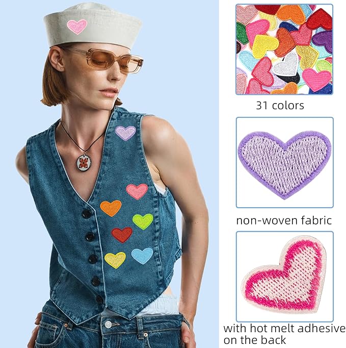 62 Pcs Colorful Embroidered Iron on Heart Patches Hearts Iron on Patches Mini Tiny Fabric Heart Sew on Patch,Hearts Embroidered Patch for Clothes Dress Pant Hats Backpack