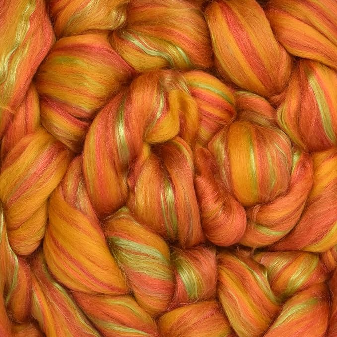 Living Dreams Yarn Merino Silk Luxe Tonal Designer Blend. Superfine Merino, Mulberry, Tussah Silk. Top Roving for Spinning or Felting. Saffron Serenade 4oz