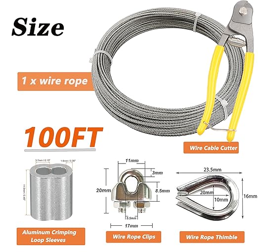 1/8 Inch Stainless Steel Wire Rope Kit, 7x7 Strands, 100 ft Length, With Cable Cutters, Sleeves, Thimbles, Clips, For Climbing Plants, Deck Railing, Fencing, Outdoor Hanging