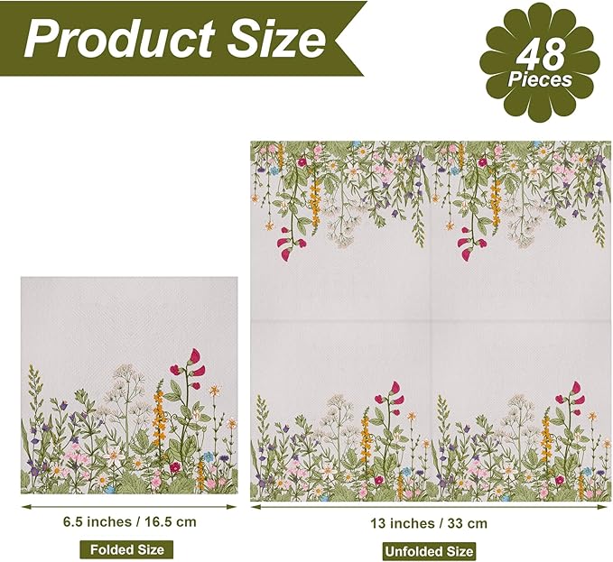 Aodaer 48 Pieces Disposable Fall Paper Napkins, Decoupage Napkins, 13" x 13" Unfolded Garden Party Napkin, Cocktail Dinner Napkin Set for Wedding Birthday Tea Party Supplies