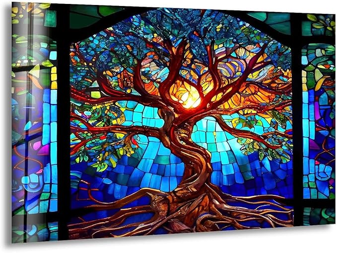 My Photostation.com Round 31,5'' Stained Blue Life of Tree Glass Wall ArtTempered Glass Printing Wall Decor Large Wall Art Wall Hangings