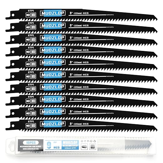 10 Pack 9 inch Reciprocating Saw Blades Set,6 TPI High Carbon Saw Blades, Woodcutting Saw Blades with Organizer Case (10, 6TPI/225mm)
